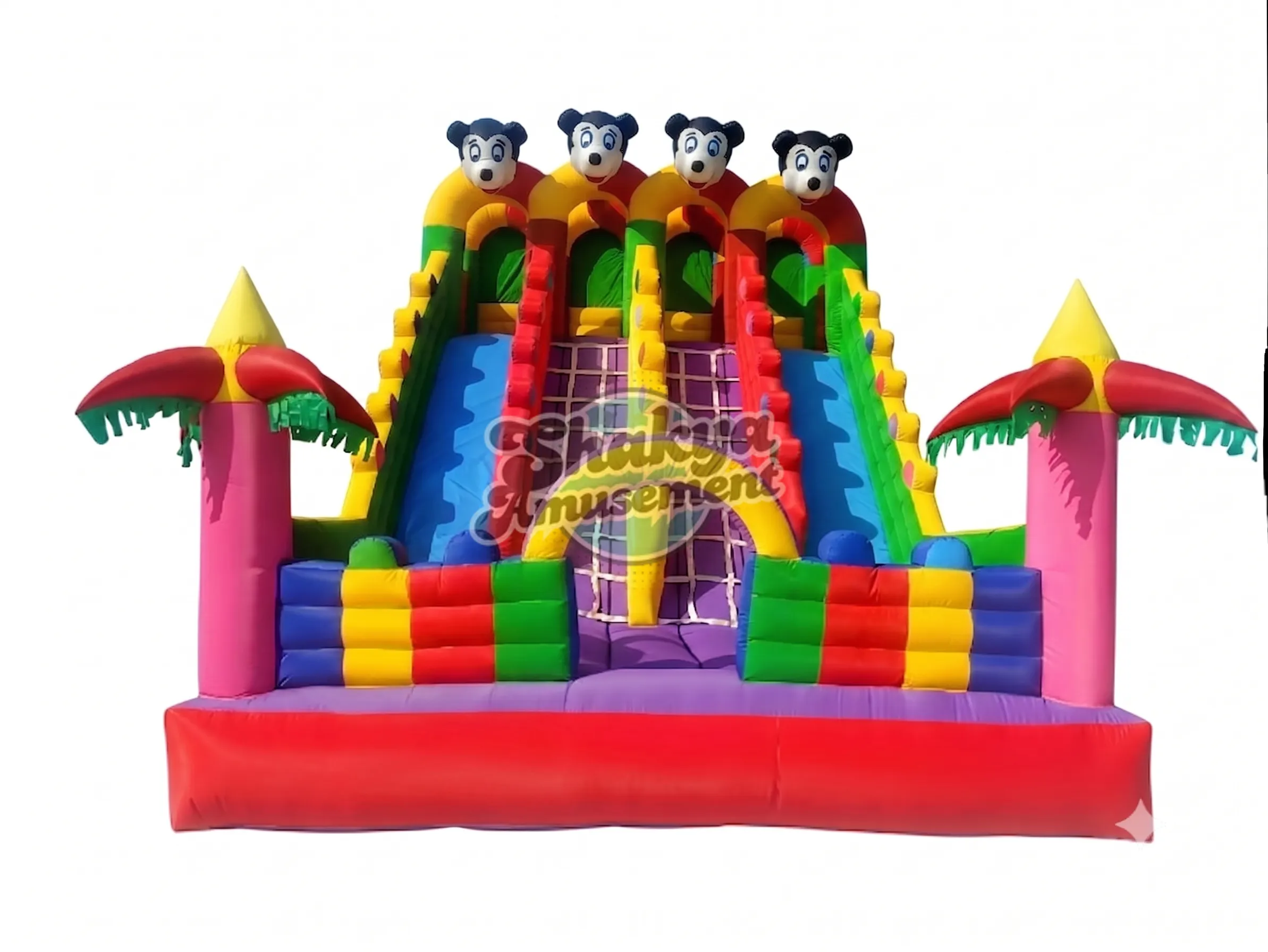 16x22 Ft 4-Lane Mickey Mouse Bouncy Castle – Pink Towers & Centre Arch (SB162220003A) - Commercial Inflatable Bounce Castles Manufacturer Delhi