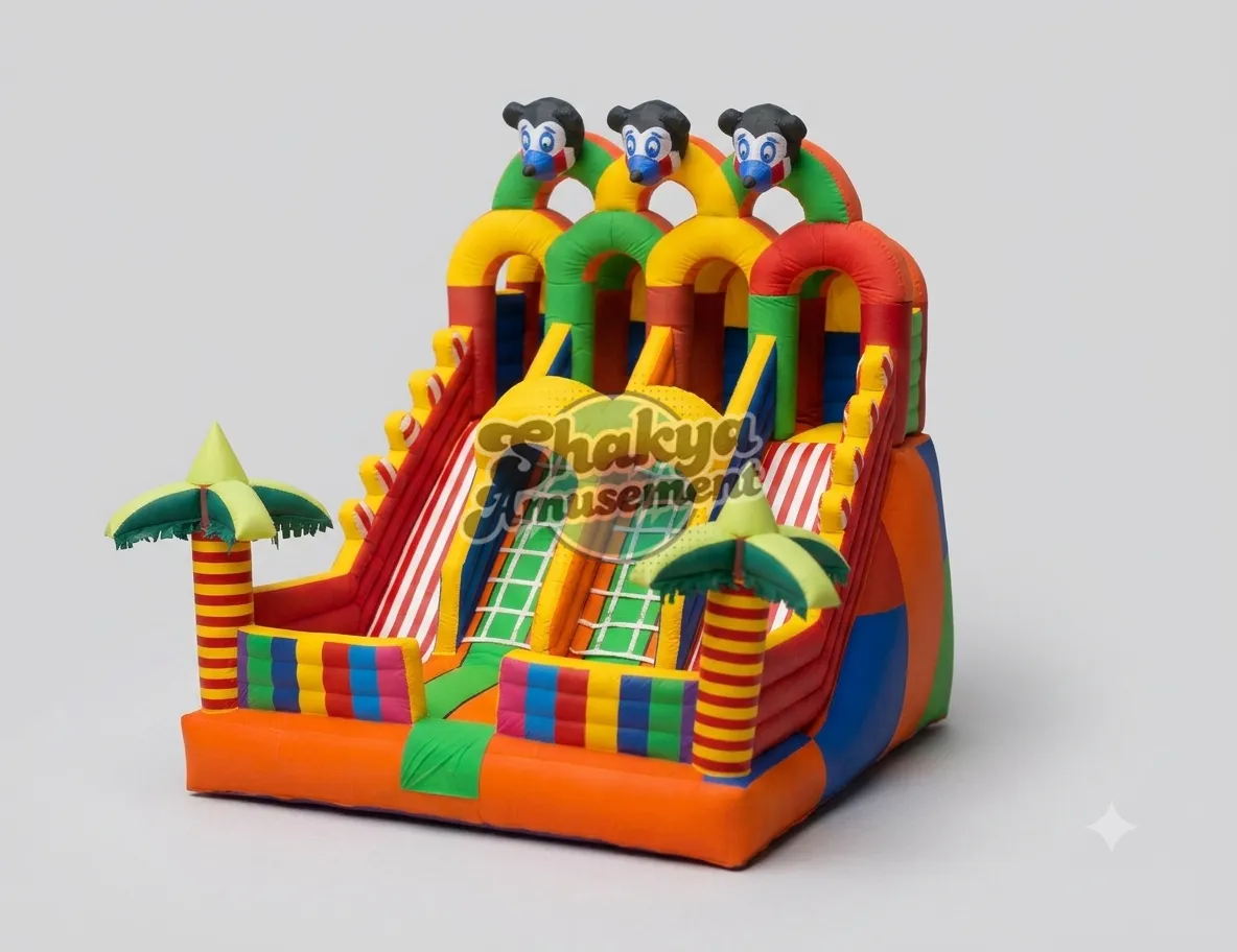 16x22 Ft 4-Lane Mickey Mouse Bouncy Slide – Climbing Net & Orange Base (SB162220002A) - Commercial Inflatable Bounce Castles Manufacturer Delhi