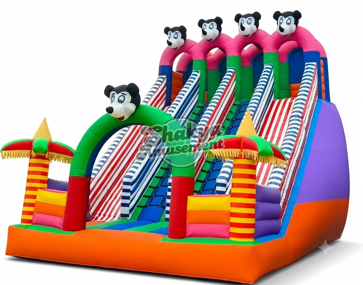 18x24 Ft 4-Lane Mickey Mouse Arch Bouncy Slide – Candy Stripe Lanes (SB182422003A) - Commercial Inflatable Bounce Castles Manufacturer Delhi