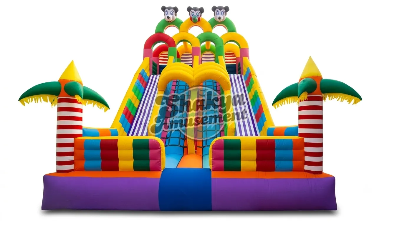 18x24 Ft 4-Lane Mickey Mouse Bouncy Castle – Candy Stripe Palm Towers – view 1