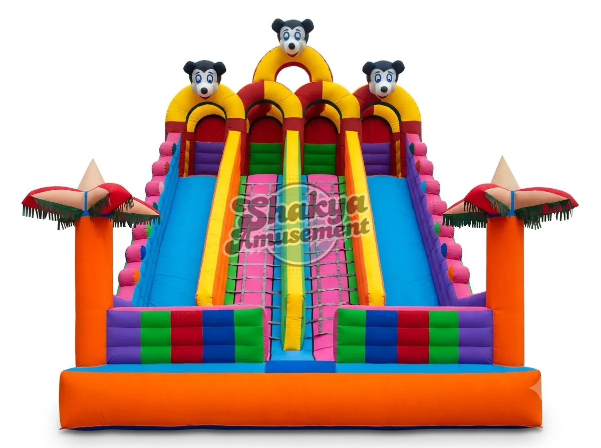18x24 Ft 4-Lane Mickey Mouse Bouncy Castle – Orange Base & Umbrella Towers (SB182422005A) - Commercial Inflatable Bounce Castles Manufacturer Delhi