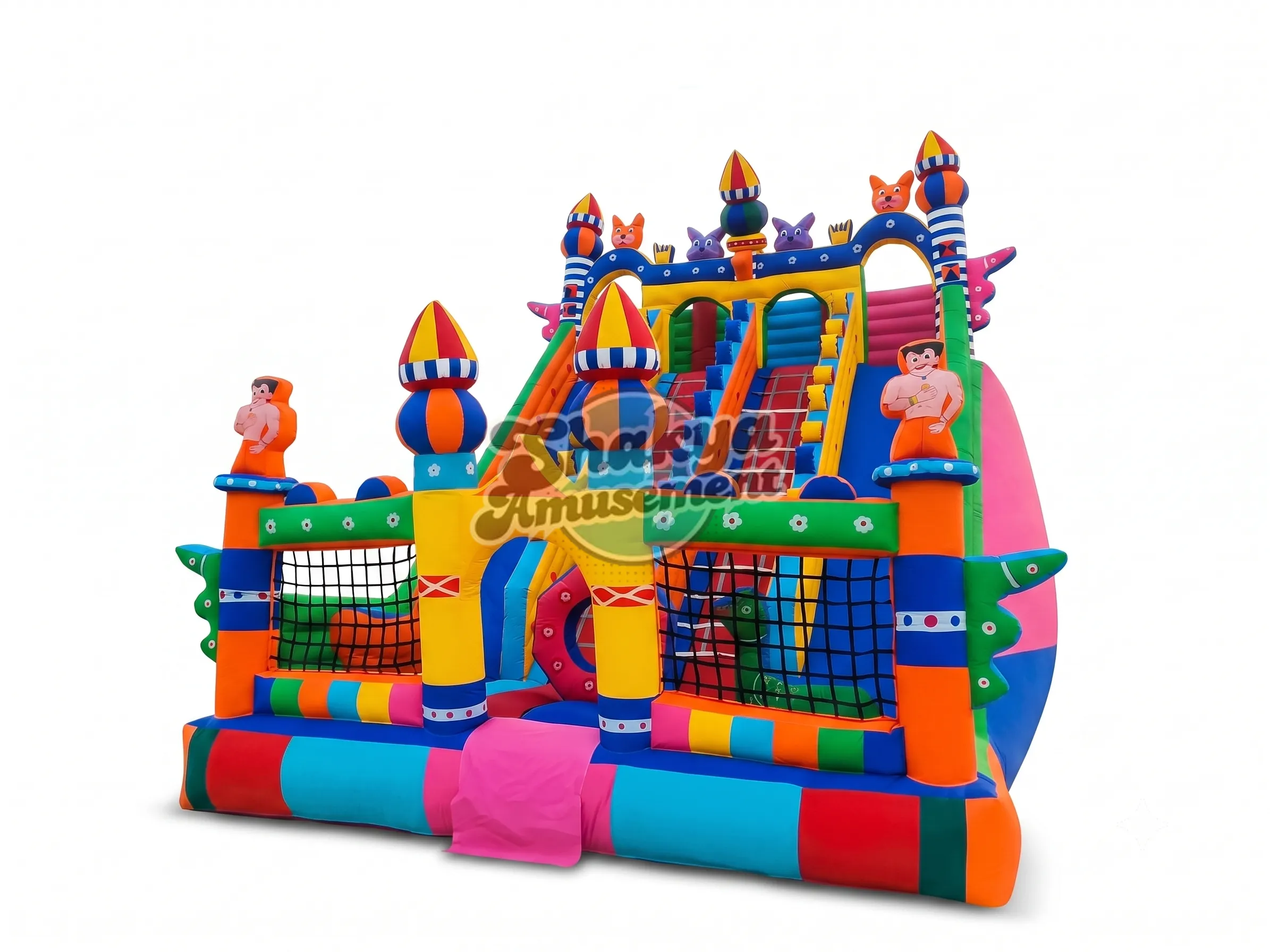 18x26 Ft 4-Lane Cartoon Castle Bouncy with Turrets & Netted Play Area – view 1