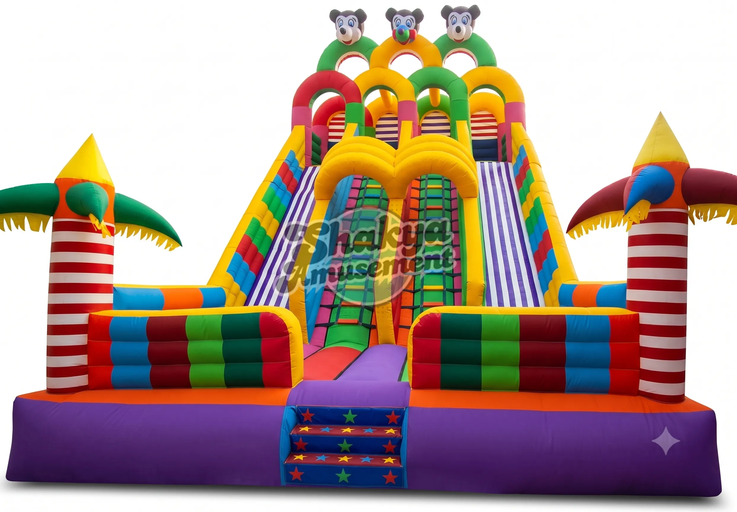 18x26 Ft 4-Lane Mickey Mouse Bouncy Castle – Candy Stripe Towers & Star Steps – view 1
