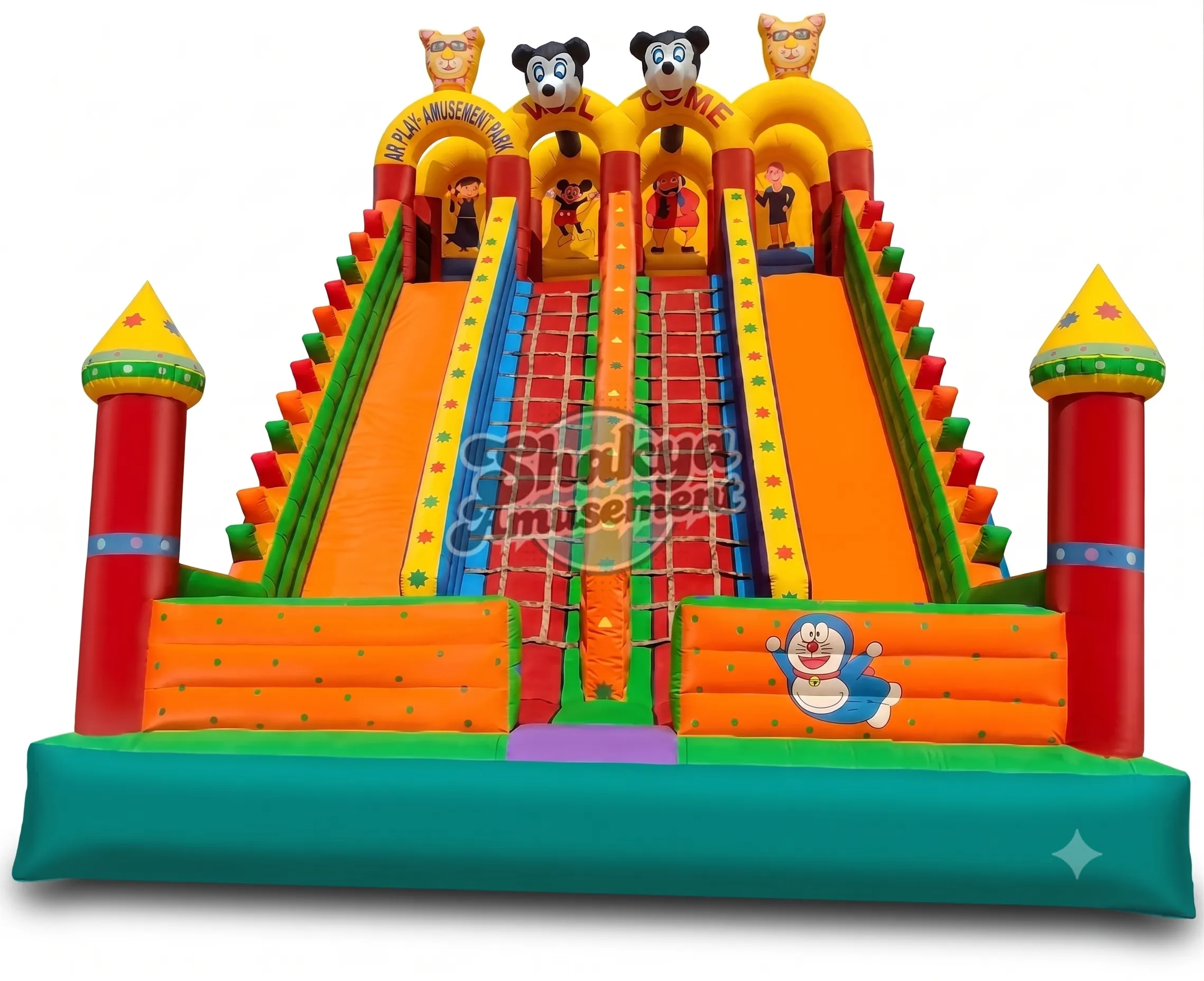 18x26 Ft 4-Lane Mickey Mouse Bouncy Castle – Orange Slides & Green Base – view 1