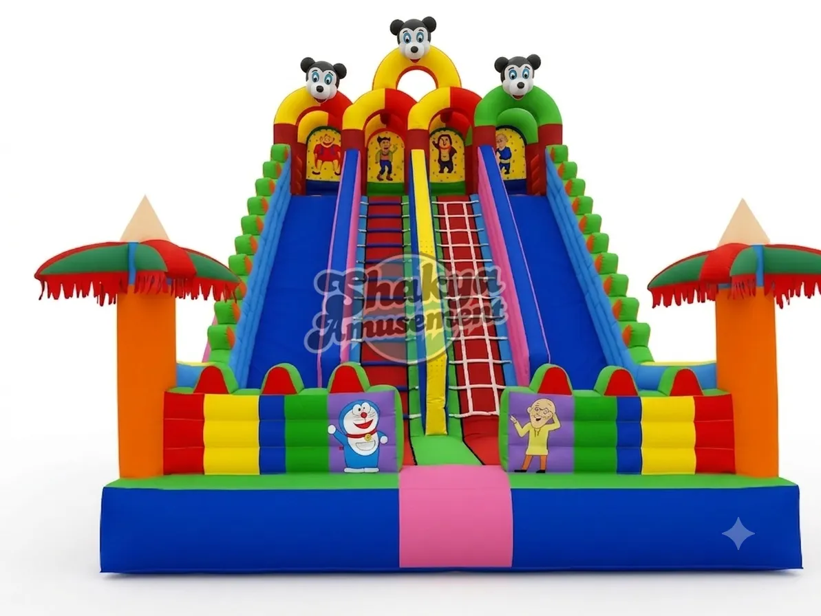 18x26 Ft 4-Lane Mickey Mouse Bouncy Castle – Umbrella Towers & Blue Base – view 1