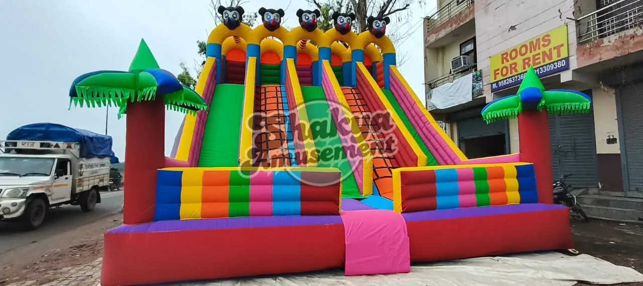 22x24 Ft 5-Lane Mickey Mouse Bouncy Slide – Rainbow Lanes & Palm Towers – view 1