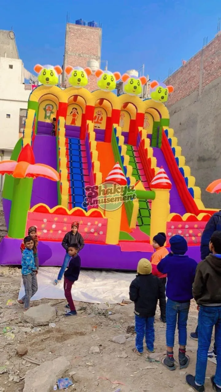 22x26 Ft 5-Lane Bouncy Slide – Purple Base & Umbrella Towers – view 1