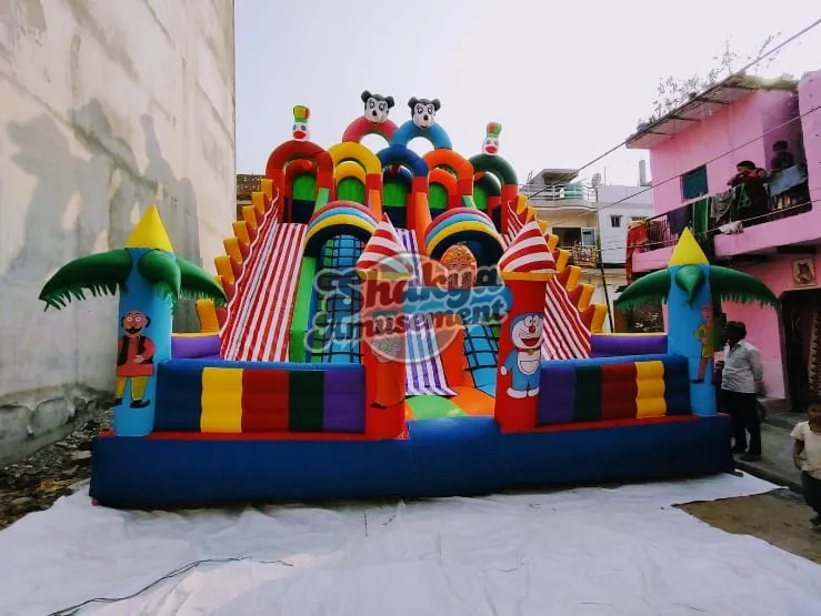 22x26 Ft 5-Lane Mickey Mouse Bouncy Slide – Palm Trees & Candy Stripe Lanes – view 1