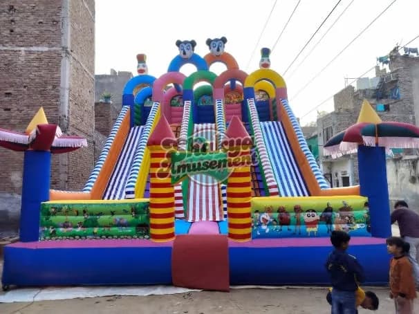 22x26 Ft 5-Lane Mickey Mouse Welcome Gate Bouncy Slide – Blue Base – view 1